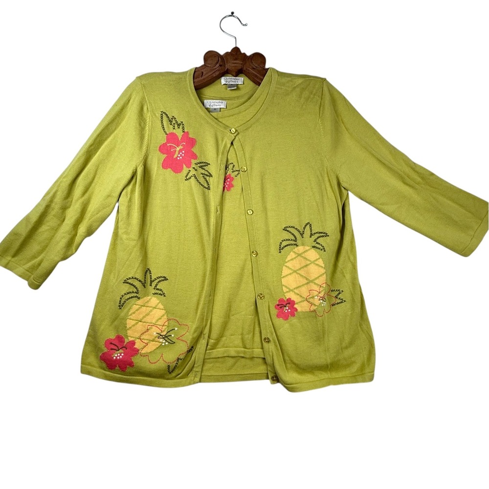 Christopher Banks XL Chartreuse Pineapple Set Cardigan Tank Top costal grandma